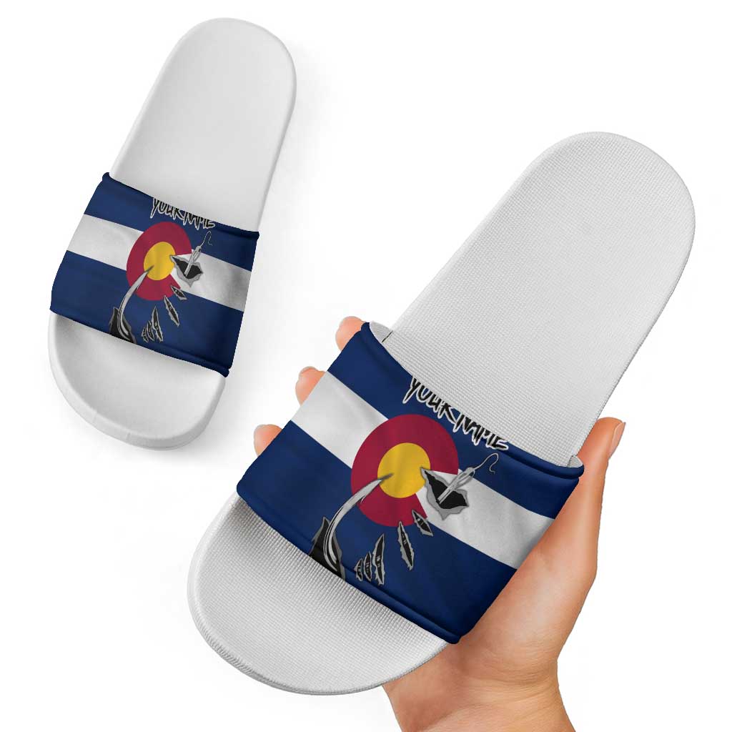 Custom Fishing Hook Slide Sandals with Colorado Flag Theme and Blue White Graphic Pattern - Wonder Print Shop