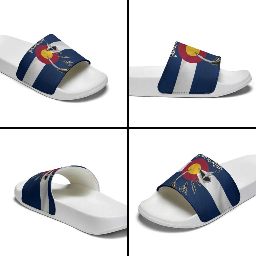 Custom Fishing Hook Slide Sandals with Colorado Flag Theme and Blue White Graphic Pattern - Wonder Print Shop