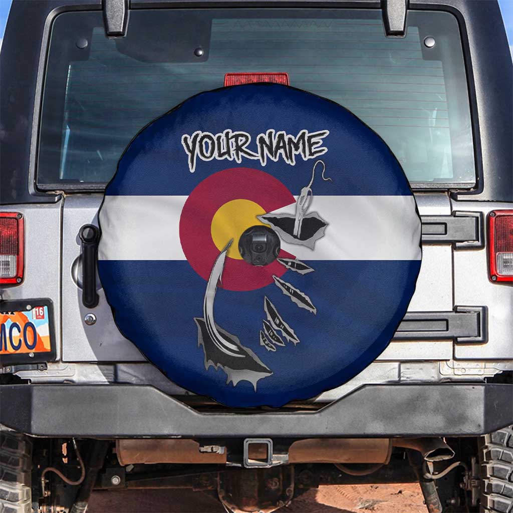 Custom Fishing Hook Spare Tire Cover with Colorado Flag Theme and Blue White Graphic Pattern - Wonder Print Shop