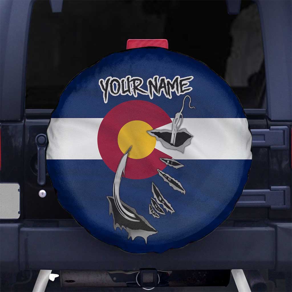 Custom Fishing Hook Spare Tire Cover with Colorado Flag Theme and Blue White Graphic Pattern - Wonder Print Shop