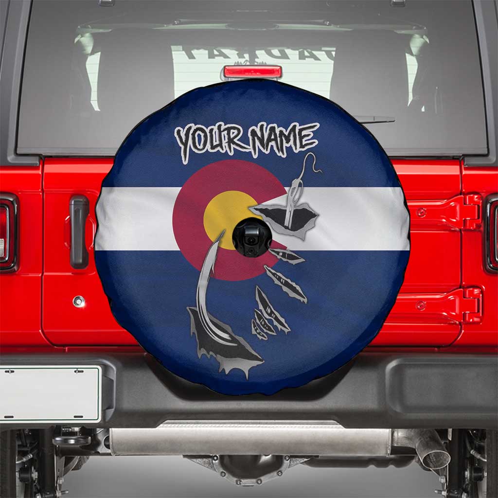 Custom Fishing Hook Spare Tire Cover with Colorado Flag Theme and Blue White Graphic Pattern - Wonder Print Shop