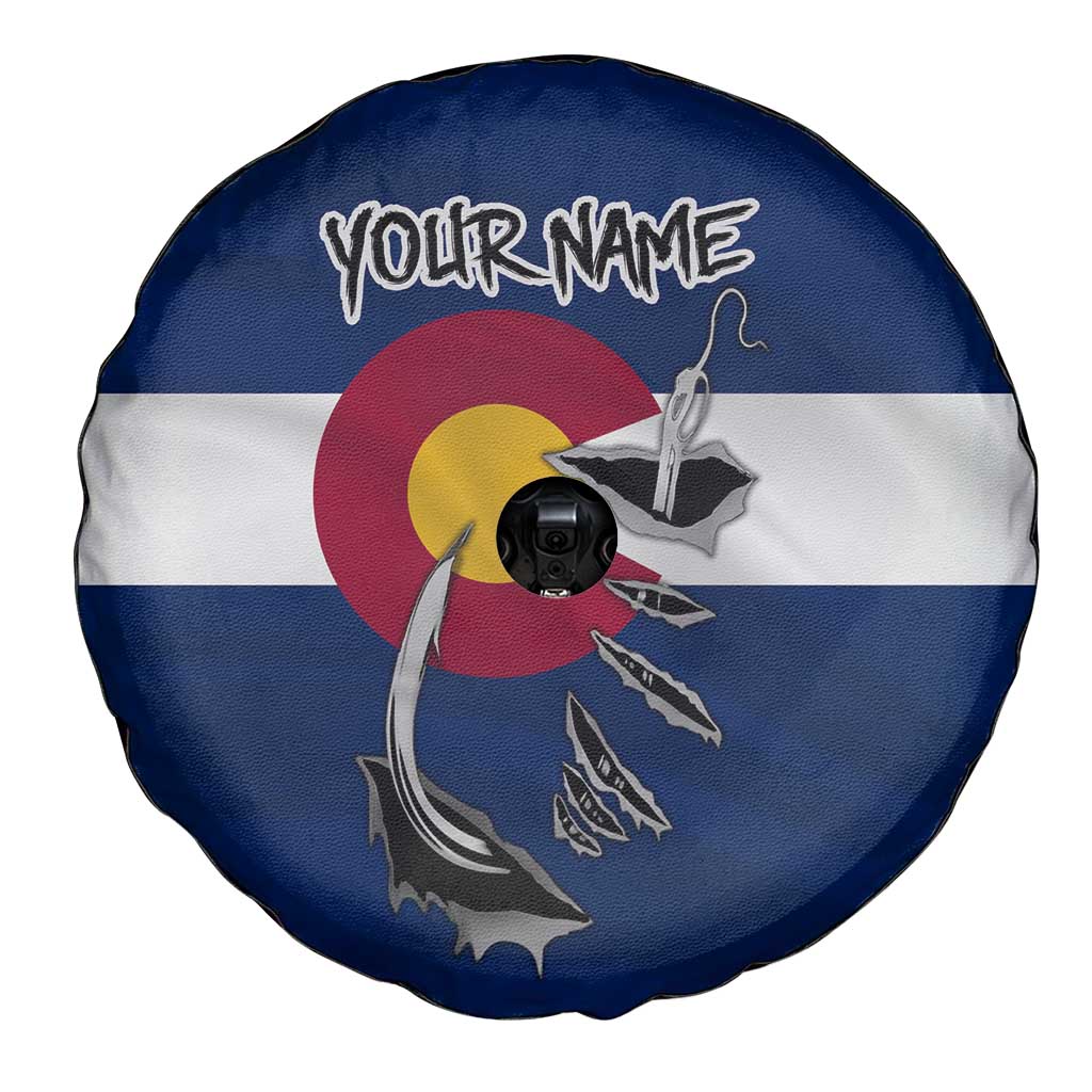 Custom Fishing Hook Spare Tire Cover with Colorado Flag Theme and Blue White Graphic Pattern - Wonder Print Shop