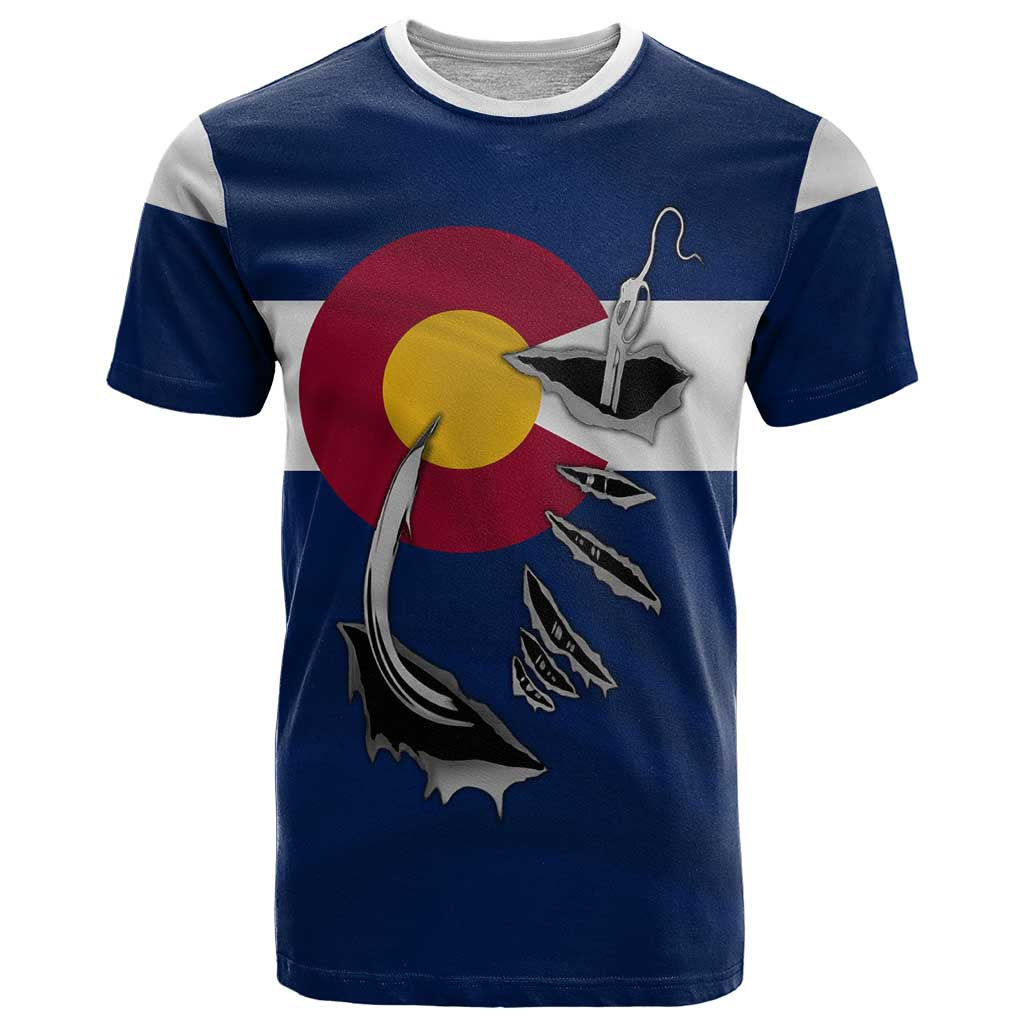 Custom Fishing Hook T Shirt with Colorado Flag Theme and Blue White Graphic Pattern - Wonder Print Shop