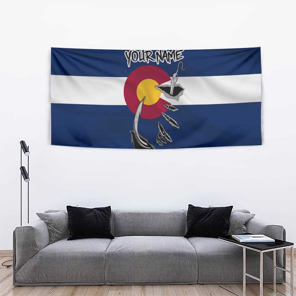 Custom Fishing Hook Tapestry with Colorado Flag Theme and Blue White Graphic Pattern - Wonder Print Shop