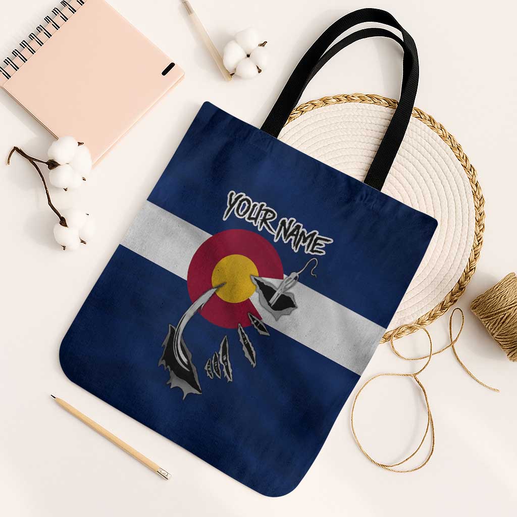 Custom Fishing Hook Tote Bag with Colorado Flag Theme and Blue White Graphic Pattern - Wonder Print Shop