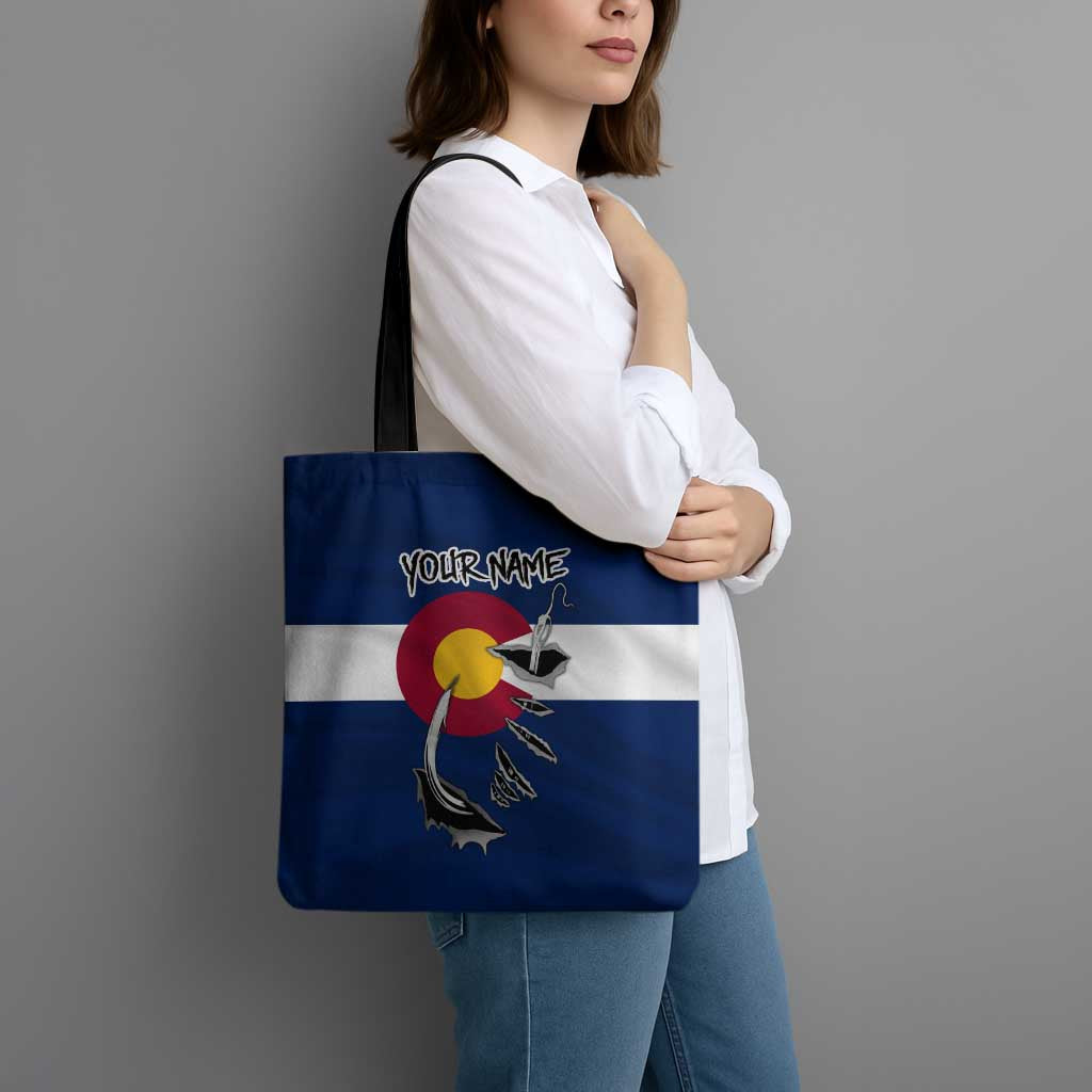 Custom Fishing Hook Tote Bag with Colorado Flag Theme and Blue White Graphic Pattern - Wonder Print Shop