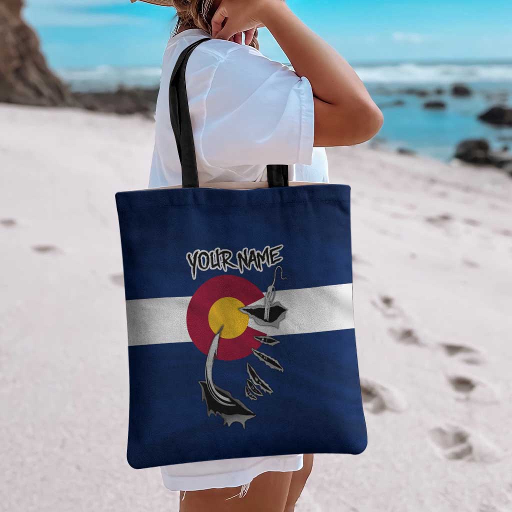 Custom Fishing Hook Tote Bag with Colorado Flag Theme and Blue White Graphic Pattern - Wonder Print Shop