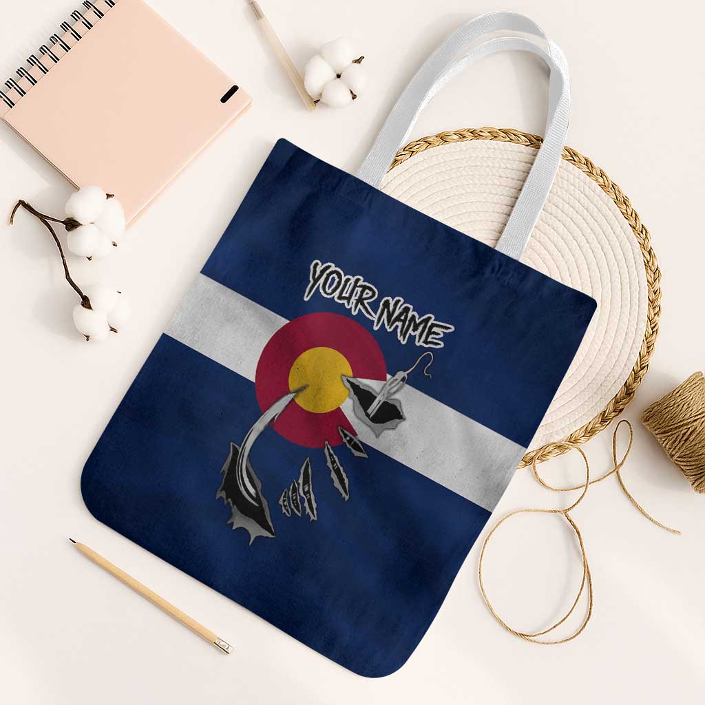 Custom Fishing Hook Tote Bag with Colorado Flag Theme and Blue White Graphic Pattern - Wonder Print Shop