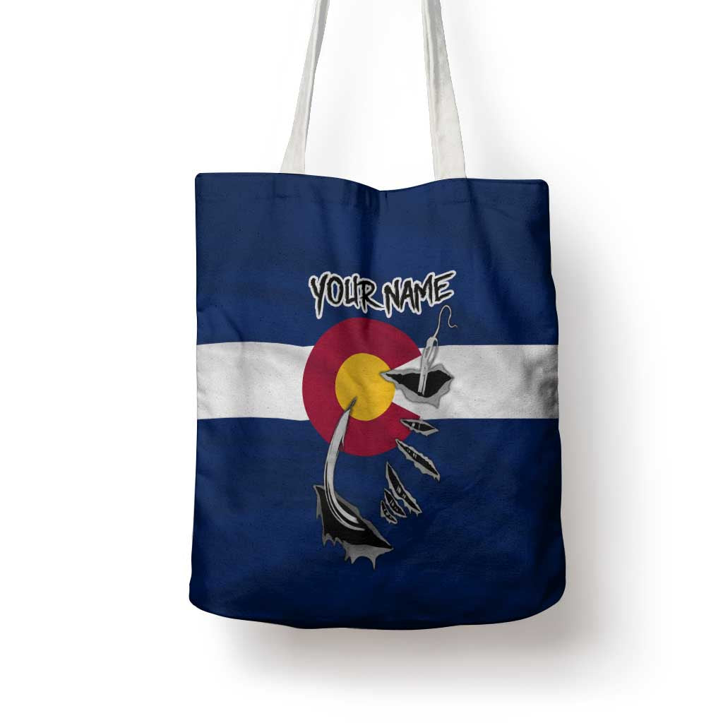 Custom Fishing Hook Tote Bag with Colorado Flag Theme and Blue White Graphic Pattern - Wonder Print Shop