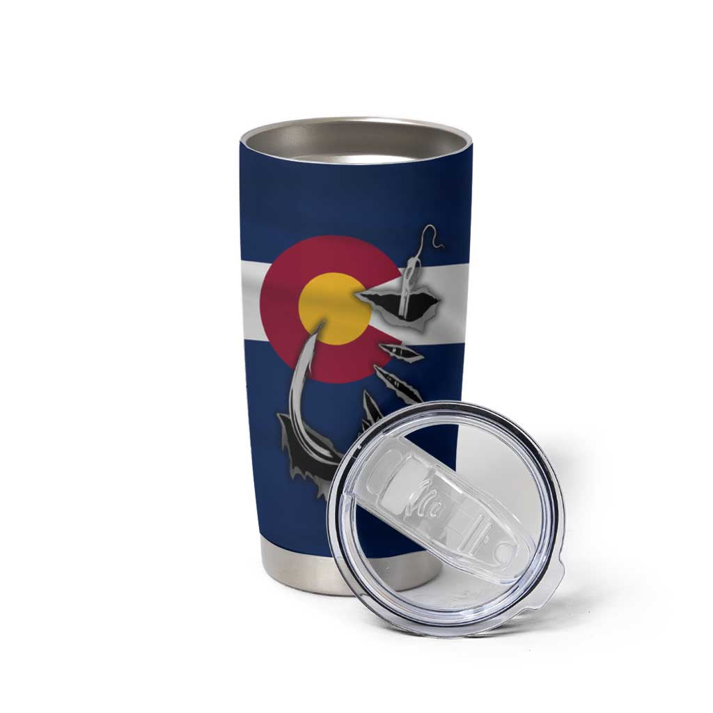 Custom Fishing Hook Tumbler Cup with Colorado Flag Theme and Blue White Graphic Pattern - Wonder Print Shop