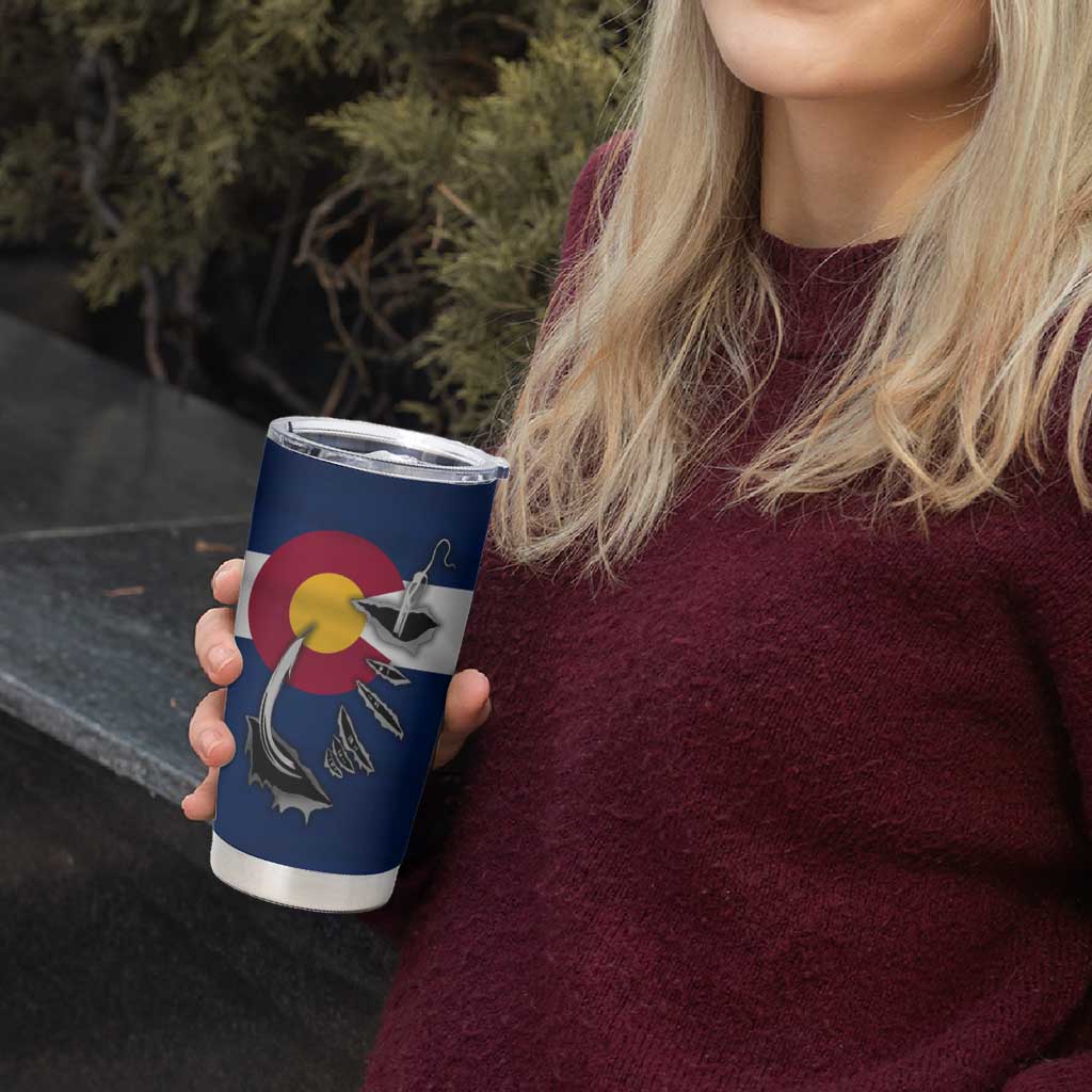 Custom Fishing Hook Tumbler Cup with Colorado Flag Theme and Blue White Graphic Pattern - Wonder Print Shop