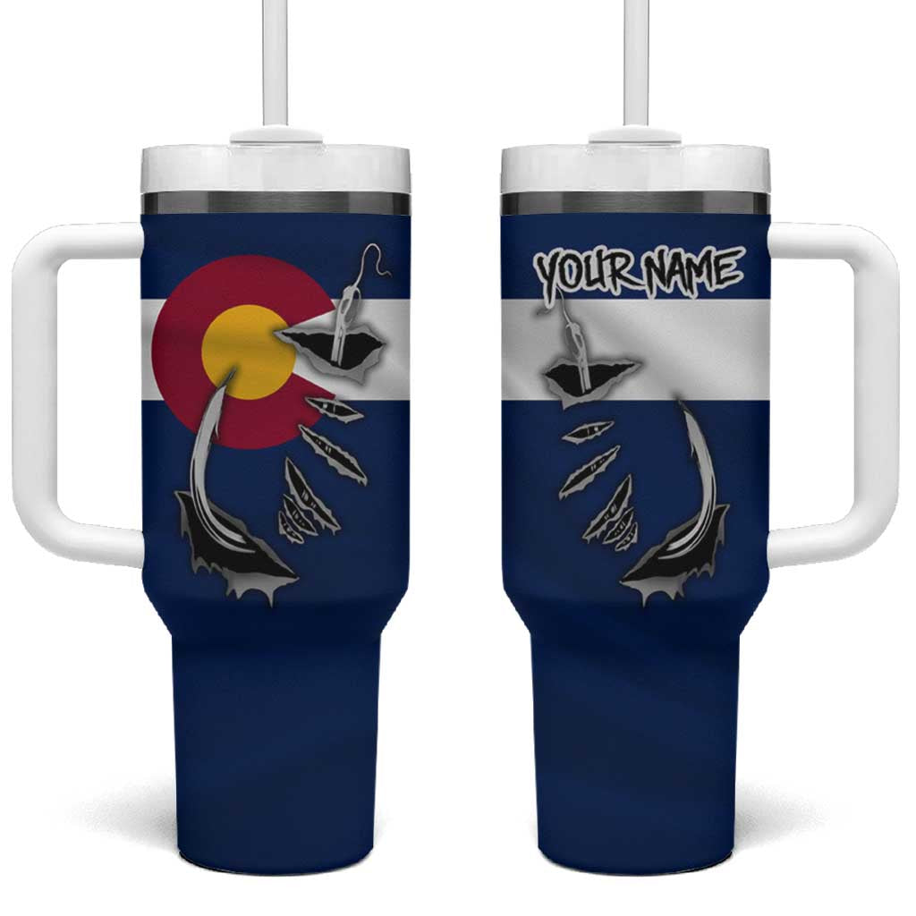 Custom Fishing Hook Tumbler With Handle with Colorado Flag Theme and Blue White Graphic Pattern - Wonder Print Shop