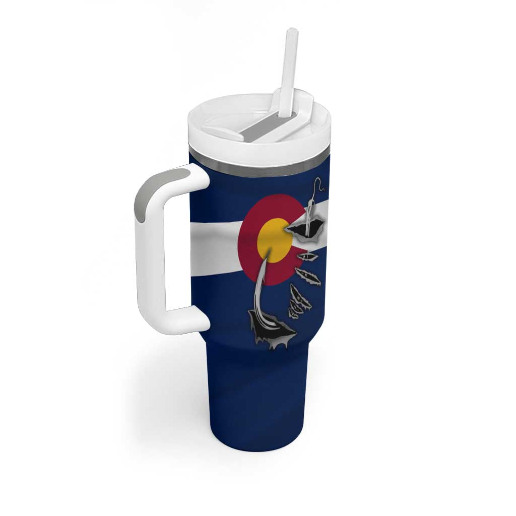 Custom Fishing Hook Tumbler With Handle with Colorado Flag Theme and Blue White Graphic Pattern - Wonder Print Shop