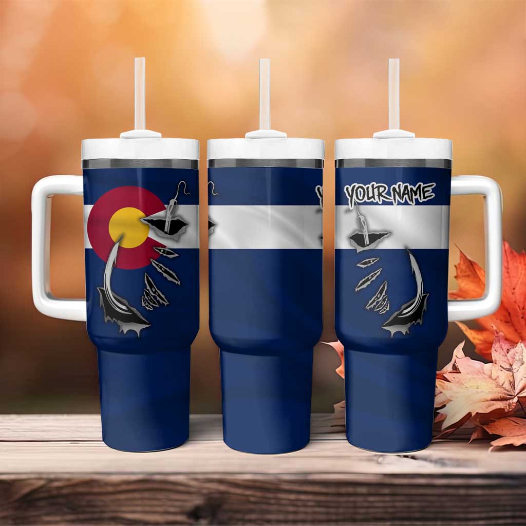 Custom Fishing Hook Tumbler With Handle with Colorado Flag Theme and Blue White Graphic Pattern - Wonder Print Shop