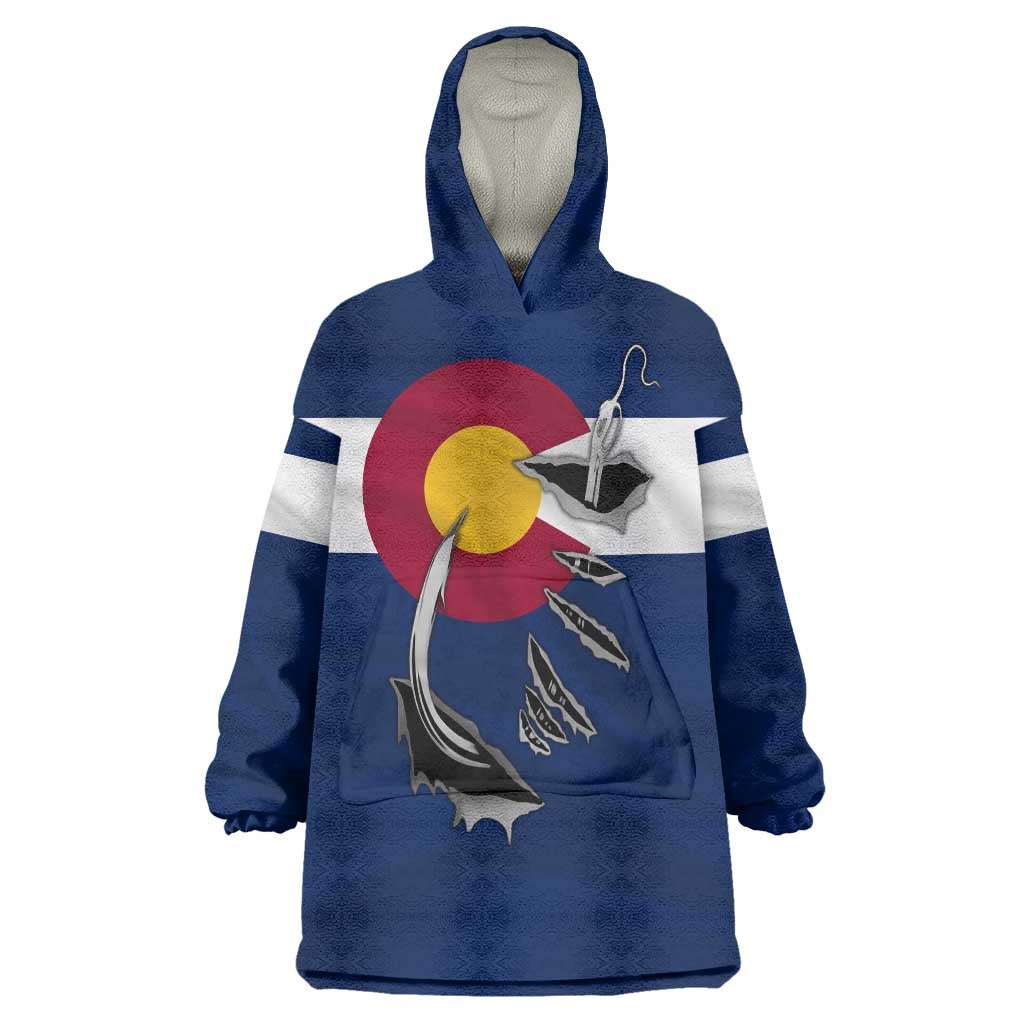 Custom Fishing Hook Wearable Blanket Hoodie with Colorado Flag Theme and Blue White Graphic Pattern - Wonder Print Shop