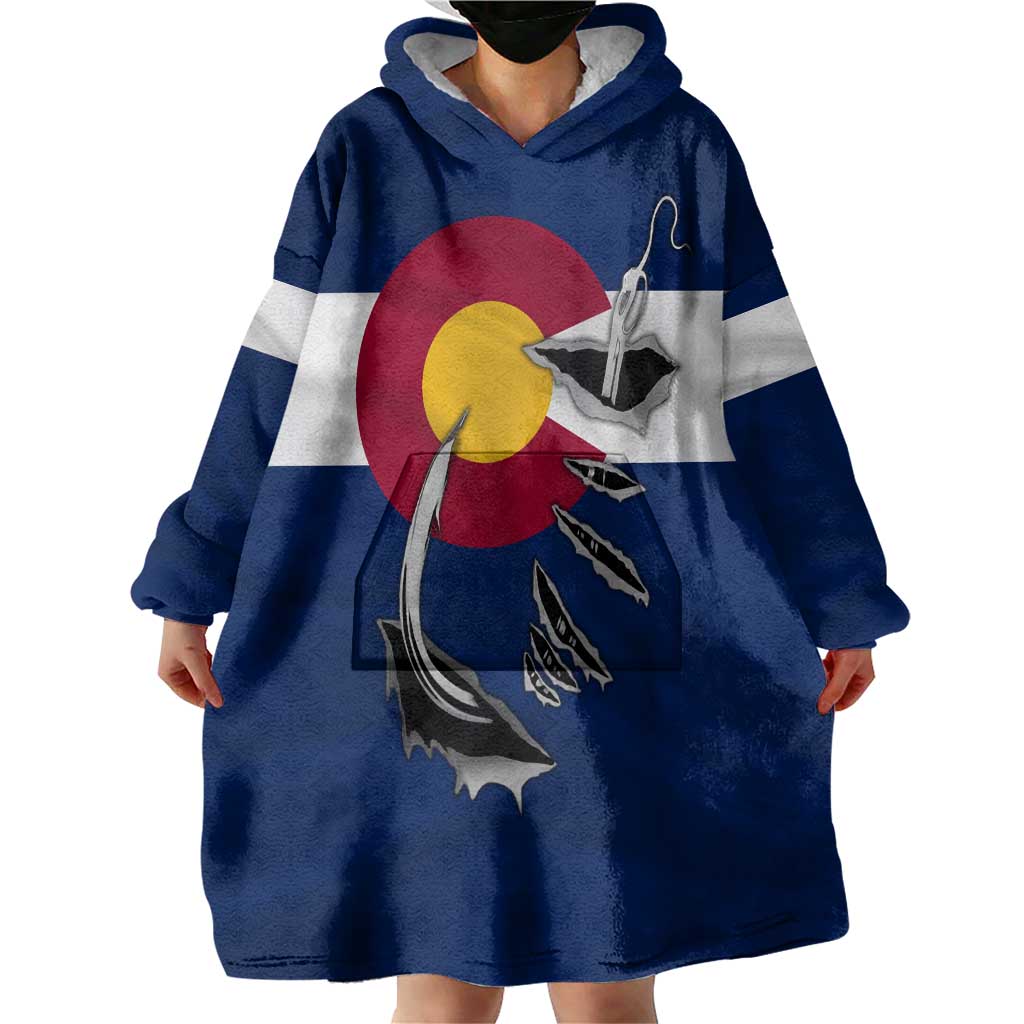 Custom Fishing Hook Wearable Blanket Hoodie with Colorado Flag Theme and Blue White Graphic Pattern - Wonder Print Shop