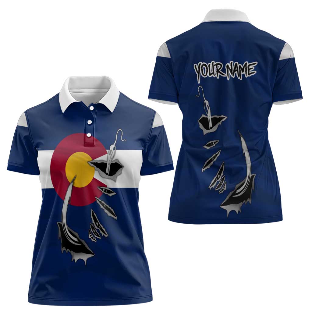 Custom Fishing Hook Women Polo Shirt with Colorado Flag Theme and Blue White Graphic Pattern - Wonder Print Shop