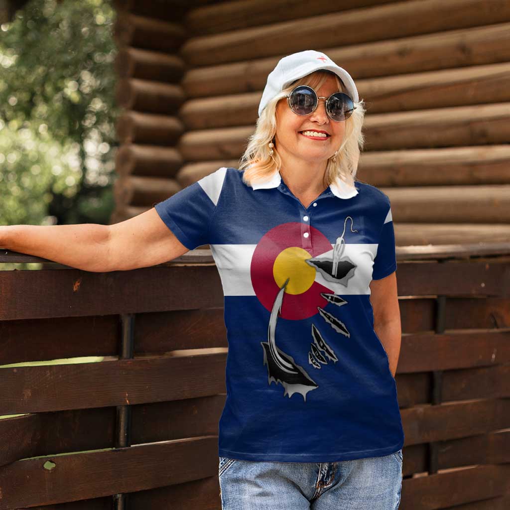 Custom Fishing Hook Women Polo Shirt with Colorado Flag Theme and Blue White Graphic Pattern - Wonder Print Shop