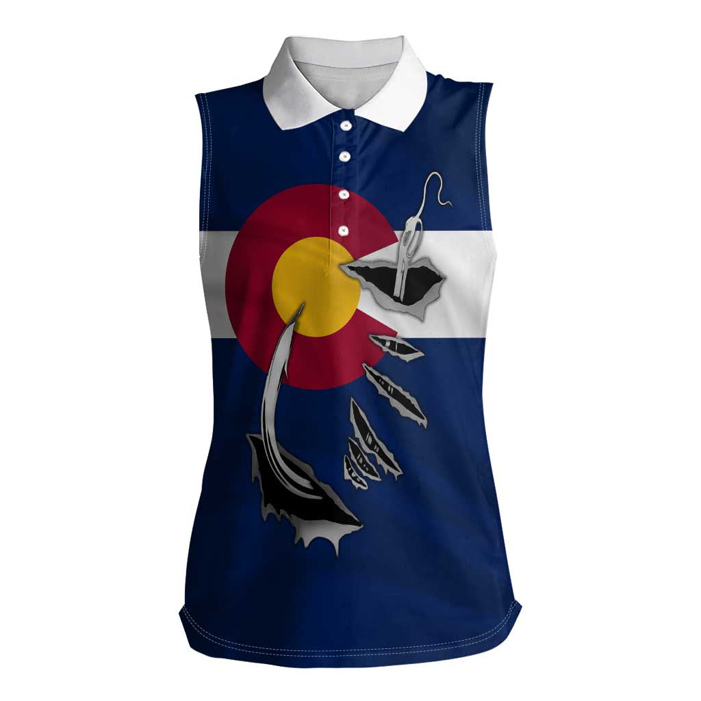 Custom Fishing Hook Women Sleeveless Polo Shirt with Colorado Flag Theme and Blue White Graphic Pattern - Wonder Print Shop