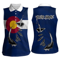 Custom Fishing Hook Women Sleeveless Polo Shirt with Colorado Flag Theme and Blue White Graphic Pattern - Wonder Print Shop