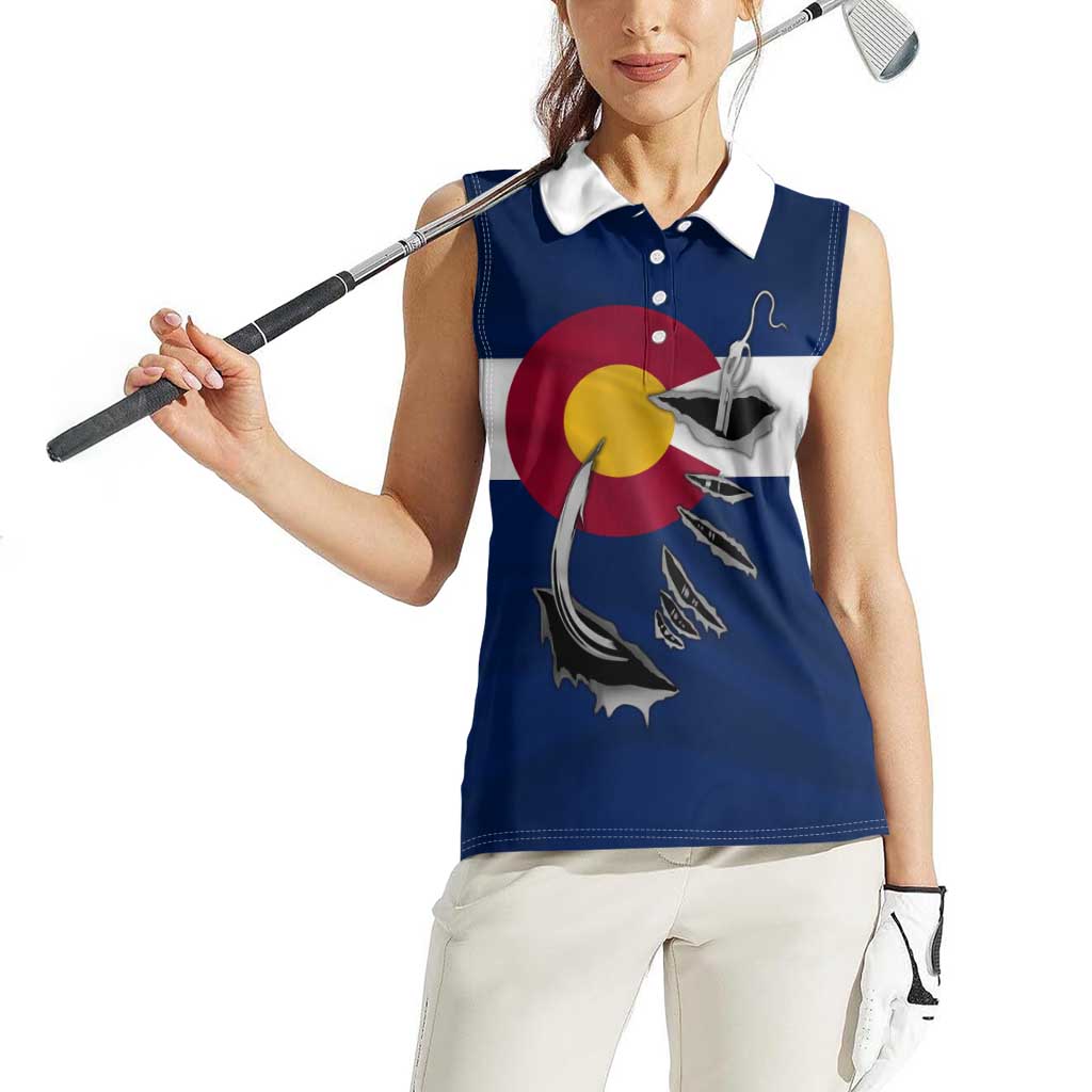 Custom Fishing Hook Women Sleeveless Polo Shirt with Colorado Flag Theme and Blue White Graphic Pattern - Wonder Print Shop