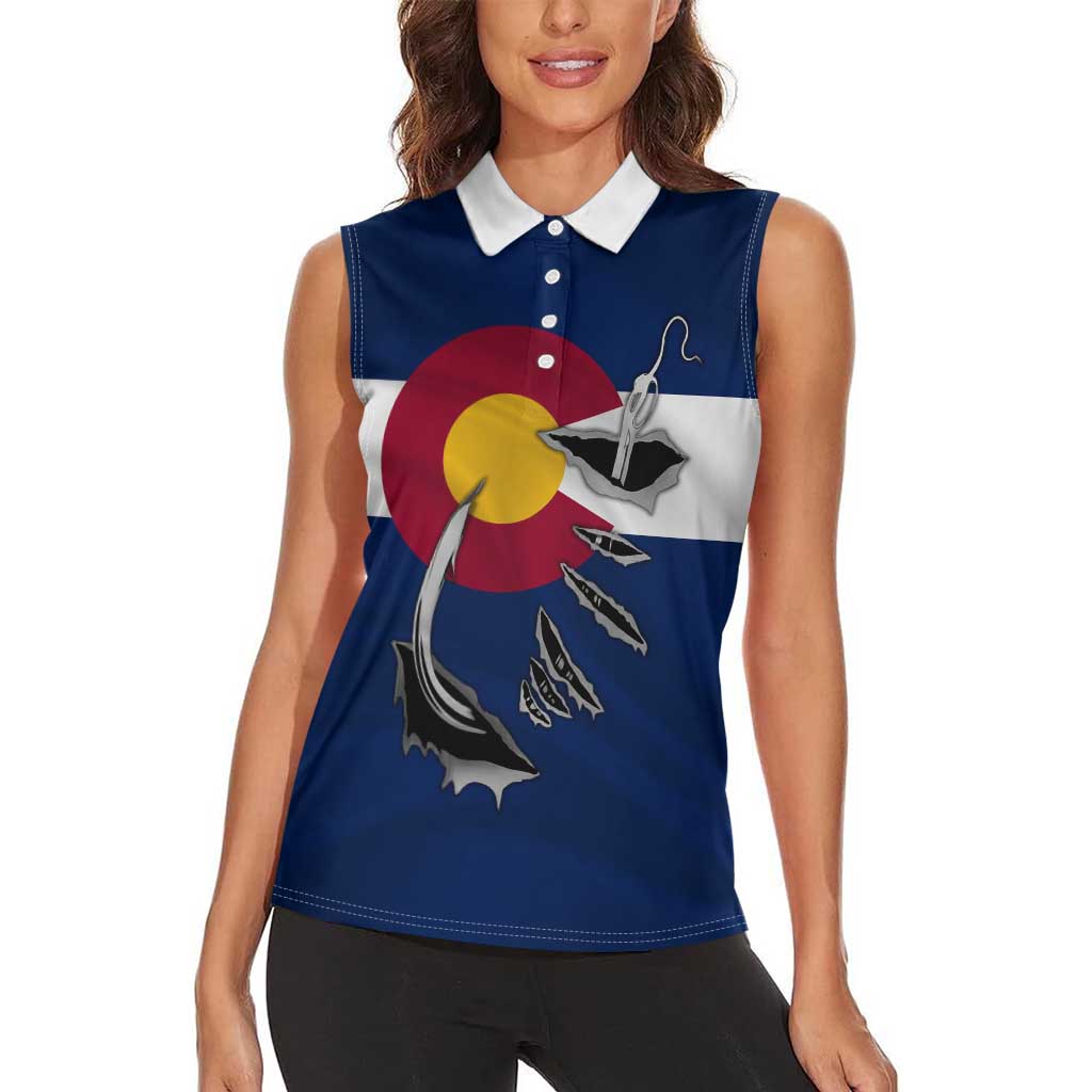 Custom Fishing Hook Women Sleeveless Polo Shirt with Colorado Flag Theme and Blue White Graphic Pattern - Wonder Print Shop