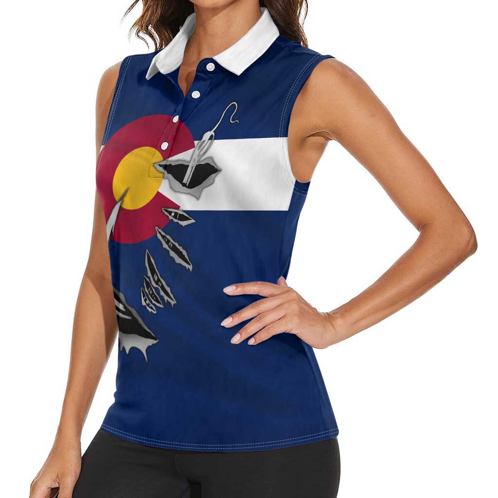 Custom Fishing Hook Women Sleeveless Polo Shirt with Colorado Flag Theme and Blue White Graphic Pattern - Wonder Print Shop