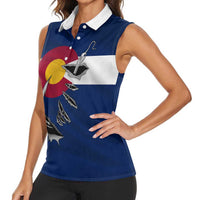 Custom Fishing Hook Women Sleeveless Polo Shirt with Colorado Flag Theme and Blue White Graphic Pattern - Wonder Print Shop