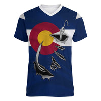 Custom Fishing Hook Women V-Neck T-Shirt with Colorado Flag Theme and Blue White Graphic Pattern - Wonder Print Shop