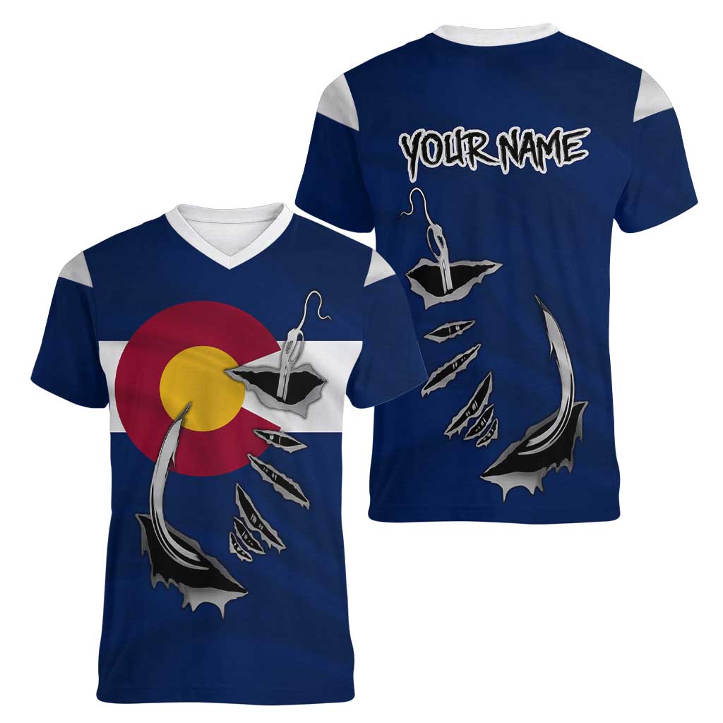 Custom Fishing Hook Women V-Neck T-Shirt with Colorado Flag Theme and Blue White Graphic Pattern - Wonder Print Shop