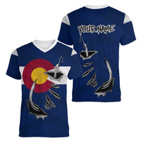 Custom Fishing Hook Women V-Neck T-Shirt with Colorado Flag Theme and Blue White Graphic Pattern - Wonder Print Shop