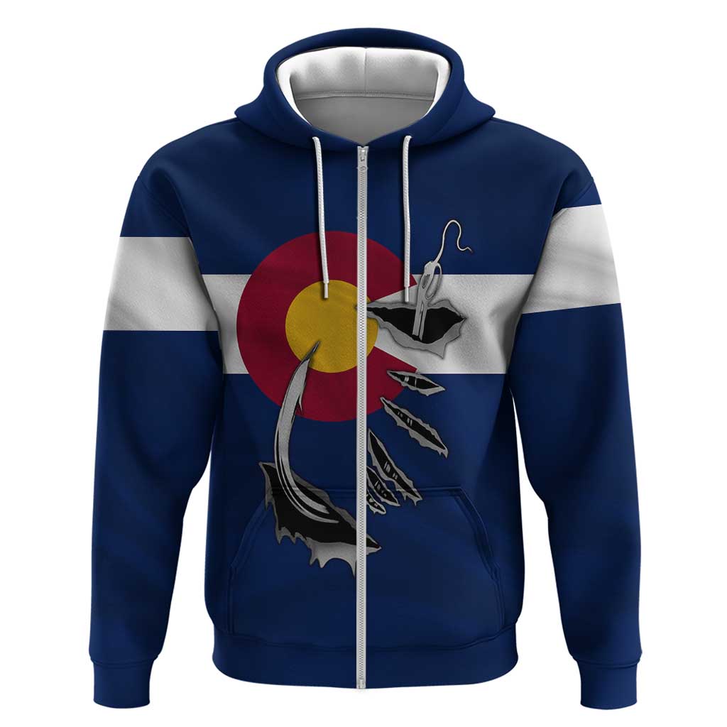 Custom Fishing Hook Zip Hoodie with Colorado Flag Theme and Blue White Graphic Pattern - Wonder Print Shop