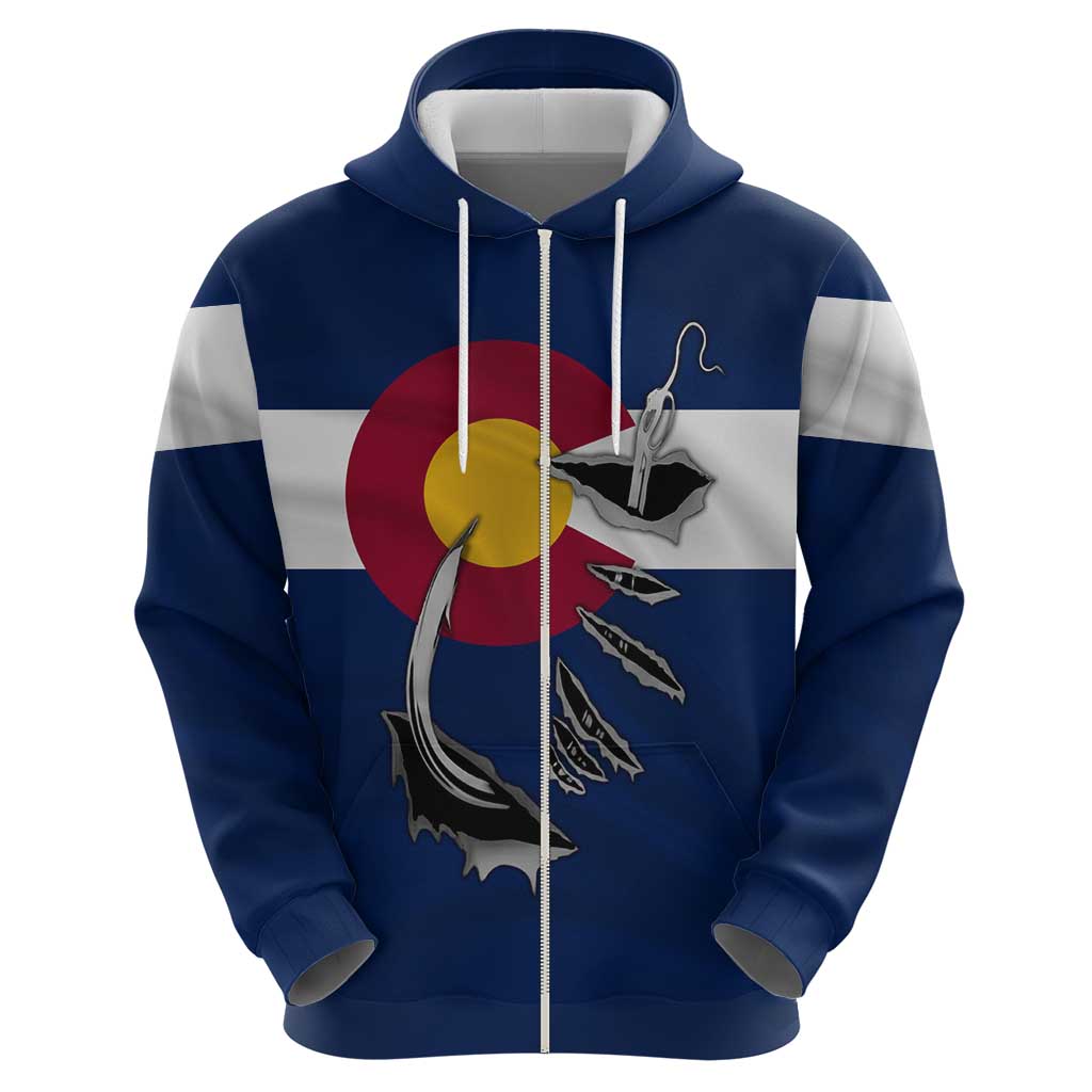 Custom Fishing Hook Zip Hoodie with Colorado Flag Theme and Blue White Graphic Pattern - Wonder Print Shop