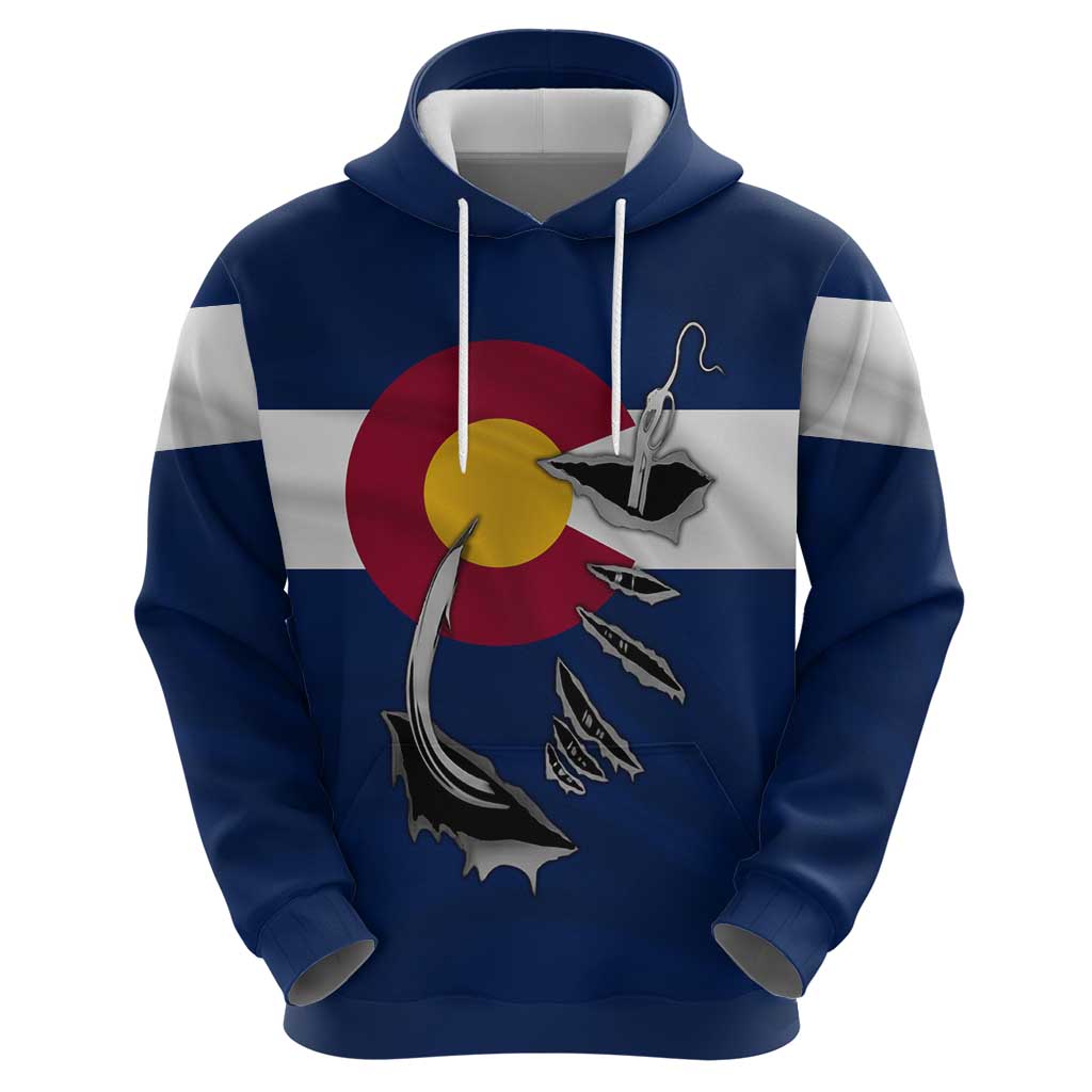 Custom Fishing Hook Zip Hoodie with Colorado Flag Theme and Blue White Graphic Pattern - Wonder Print Shop