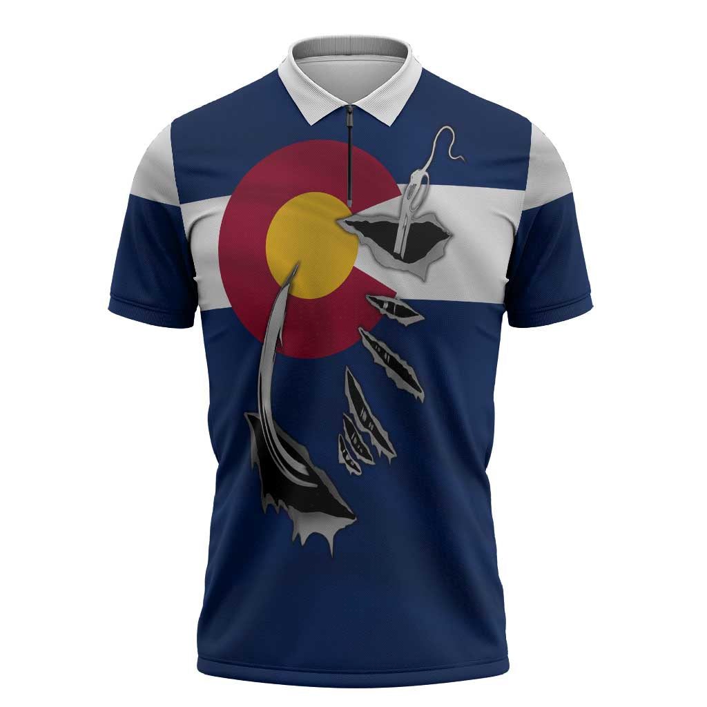 Custom Fishing Hook Zipper Polo Shirt with Colorado Flag Theme and Blue White Graphic Pattern - Wonder Print Shop