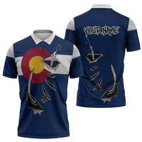 Custom Fishing Hook Zipper Polo Shirt with Colorado Flag Theme and Blue White Graphic Pattern - Wonder Print Shop