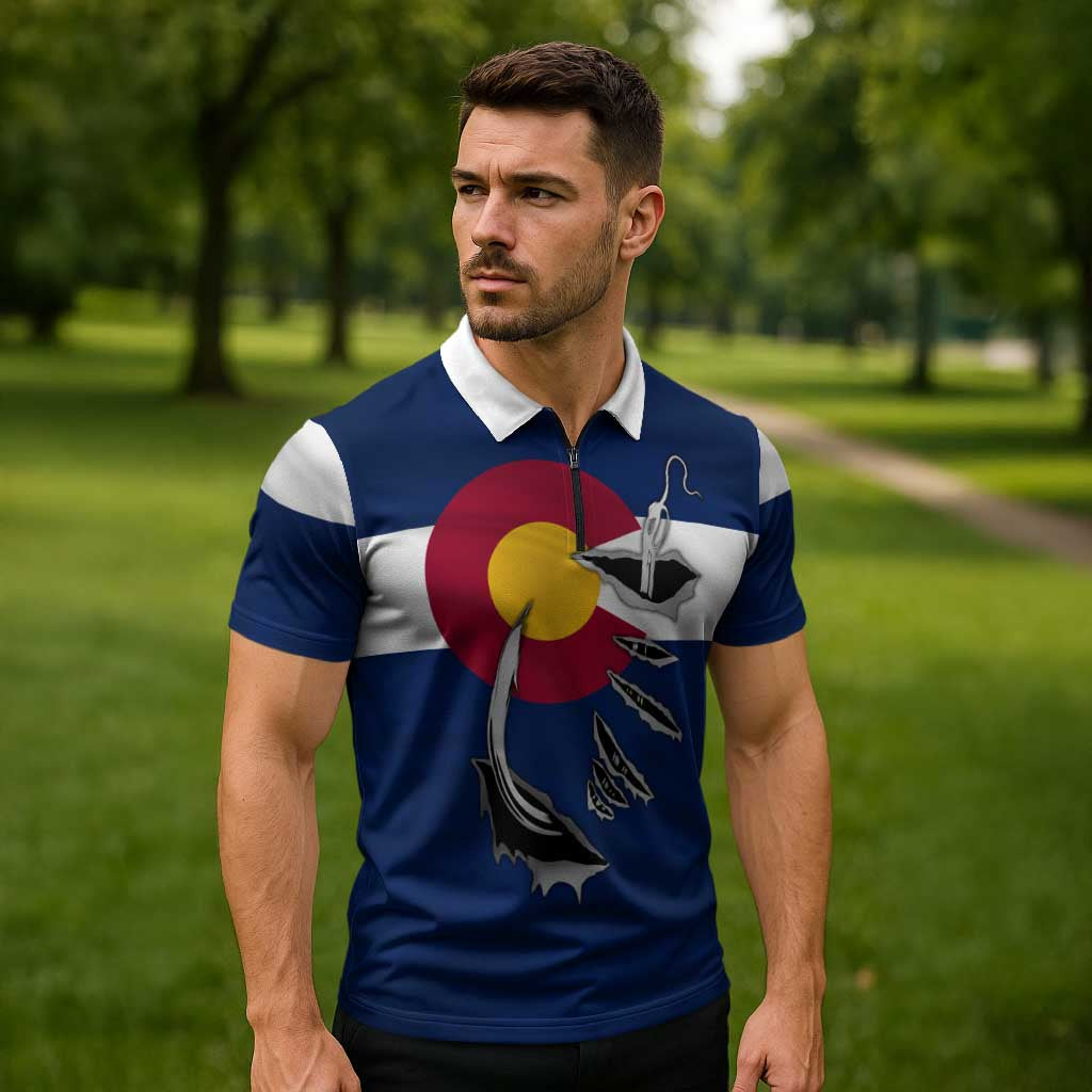 Custom Fishing Hook Zipper Polo Shirt with Colorado Flag Theme and Blue White Graphic Pattern - Wonder Print Shop