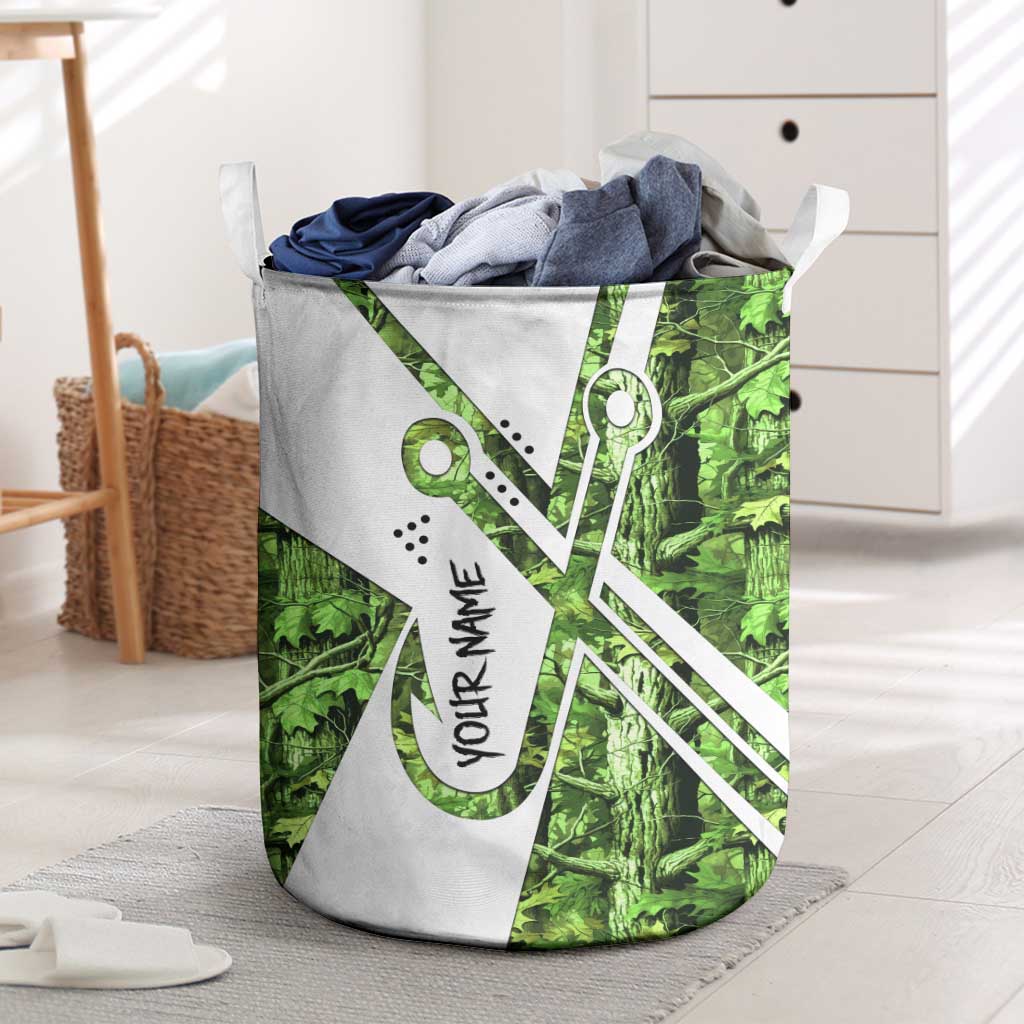 Custom Fishing Hook Laundry Basket with Green Jungle Leaf Pattern and White Split Design - Wonder Print Shop