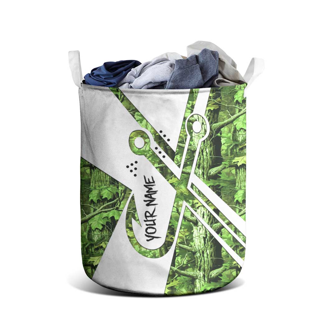 Custom Fishing Hook Laundry Basket with Green Jungle Leaf Pattern and White Split Design - Wonder Print Shop