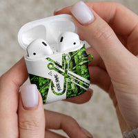 Custom Fishing Hook AirPods Case with Green Jungle Leaf Pattern and White Split Design - Wonder Print Shop