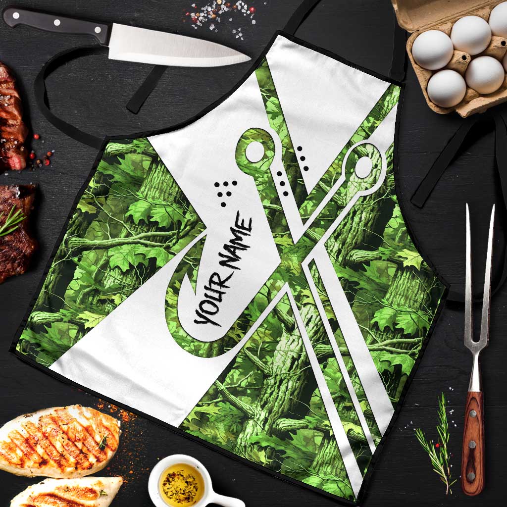 Custom Fishing Hook Apron with Green Jungle Leaf Pattern and White Split Design - Wonder Print Shop