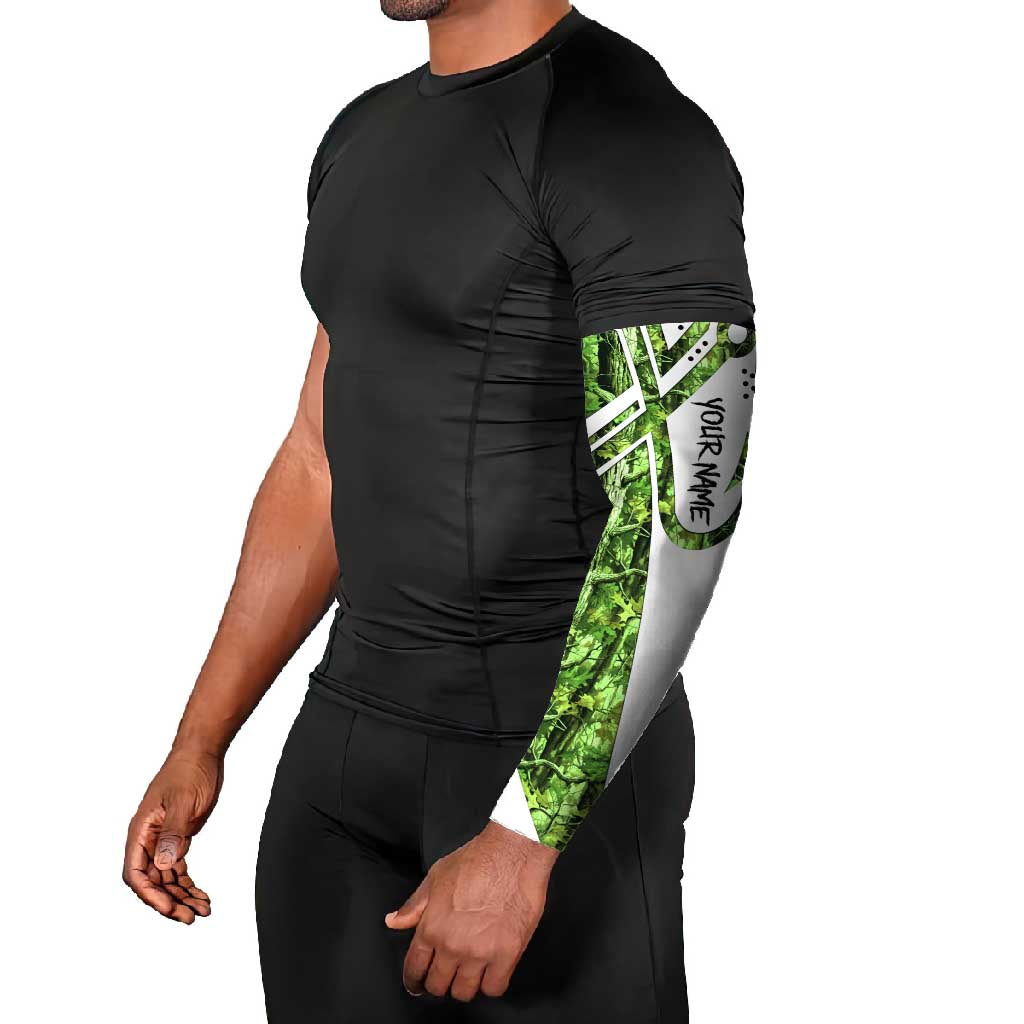 Custom Fishing Hook Arm Sleeves with Green Jungle Leaf Pattern and White Split Design - Wonder Print Shop