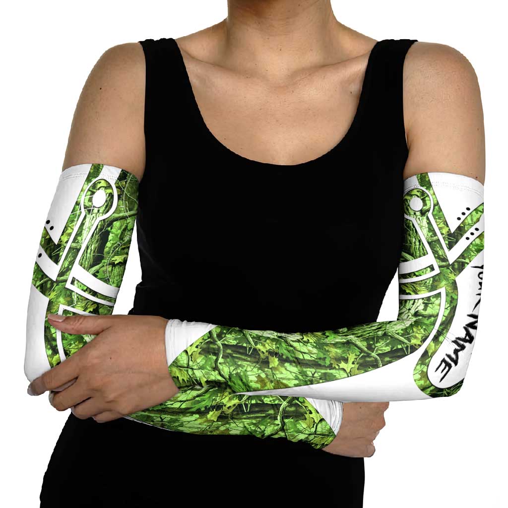 Custom Fishing Hook Arm Sleeves with Green Jungle Leaf Pattern and White Split Design - Wonder Print Shop