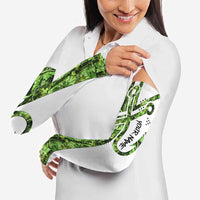 Custom Fishing Hook Arm Sleeves with Green Jungle Leaf Pattern and White Split Design - Wonder Print Shop