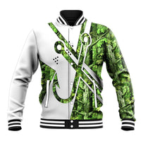 Custom Fishing Hook Baseball Jacket with Green Jungle Leaf Pattern and White Split Design - Wonder Print Shop