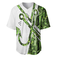 Custom Fishing Hook Baseball Jersey with Green Jungle Leaf Pattern and White Split Design - Wonder Print Shop