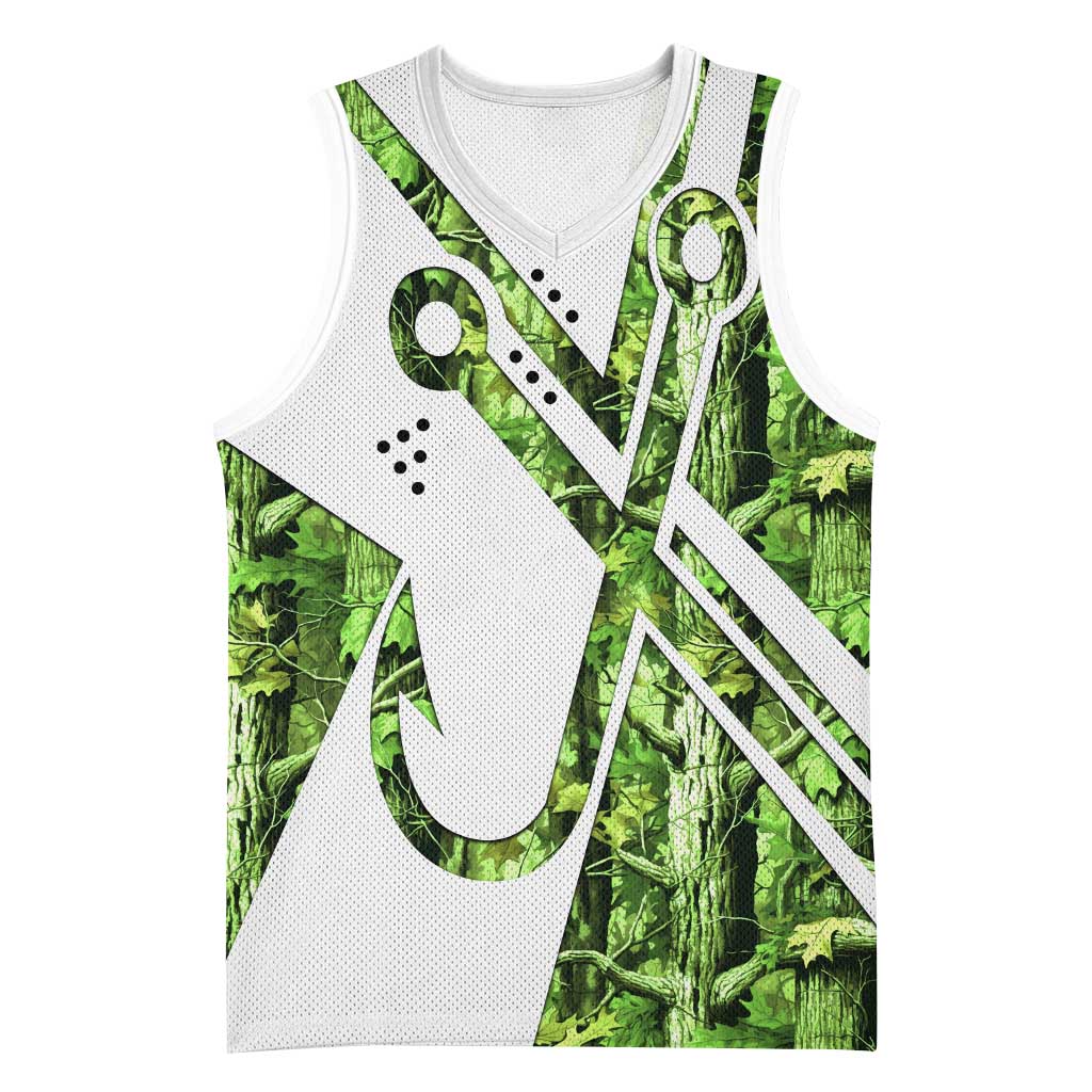 Custom Fishing Hook Basketball Jersey with Green Jungle Leaf Pattern and White Split Design - Wonder Print Shop