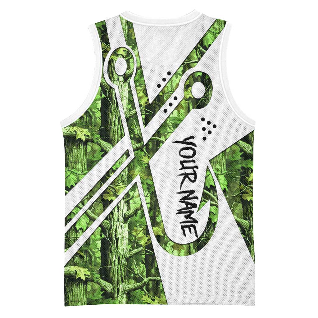 Custom Fishing Hook Basketball Jersey with Green Jungle Leaf Pattern and White Split Design - Wonder Print Shop