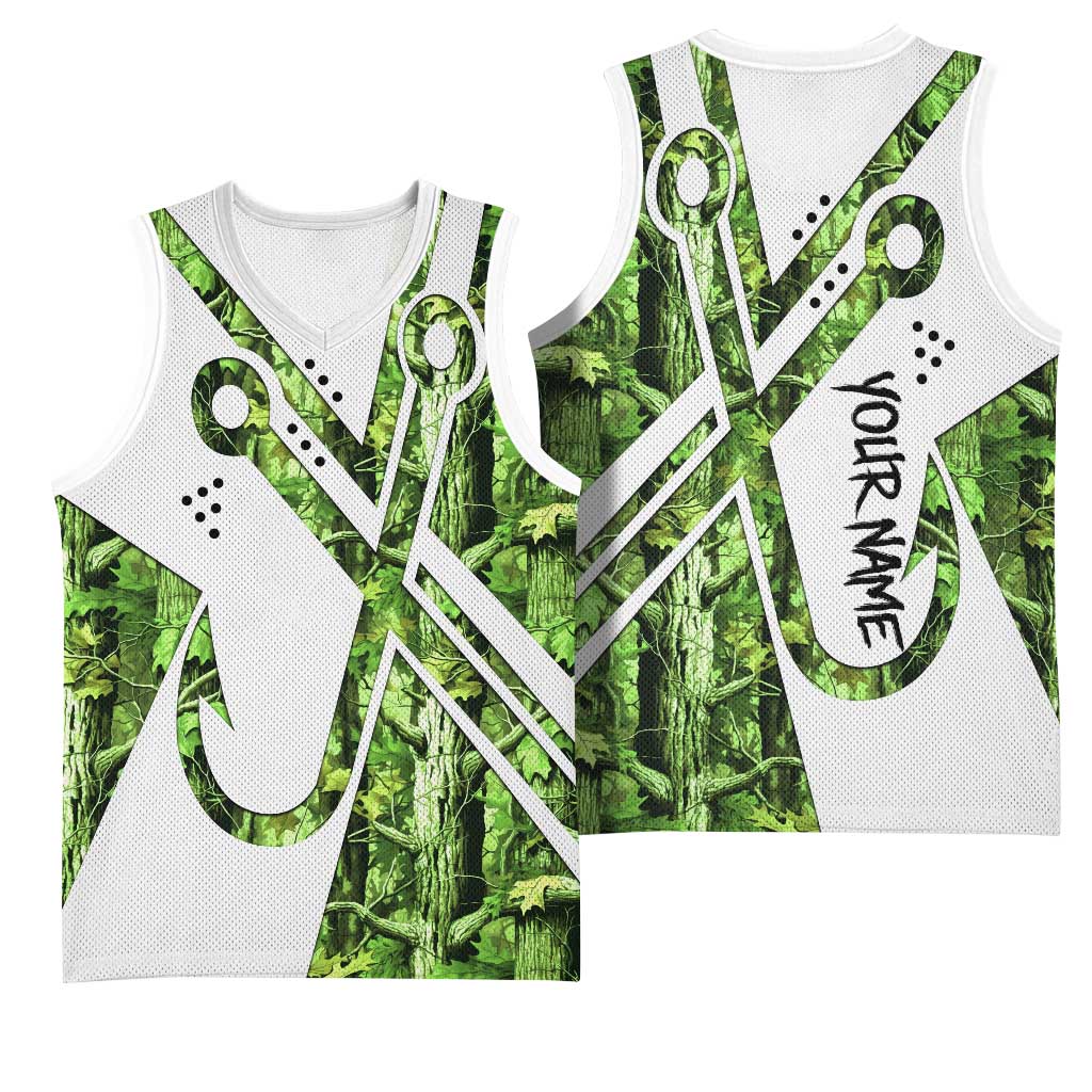 Custom Fishing Hook Basketball Jersey with Green Jungle Leaf Pattern and White Split Design - Wonder Print Shop