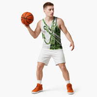 Custom Fishing Hook Basketball Jersey with Green Jungle Leaf Pattern and White Split Design - Wonder Print Shop